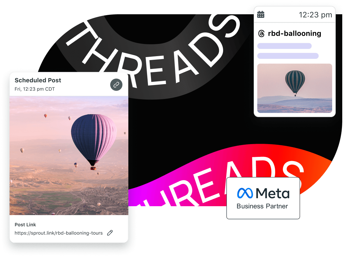 Threads - Meta Business Partner, with collage of Threads scheduling in Sprout Social.